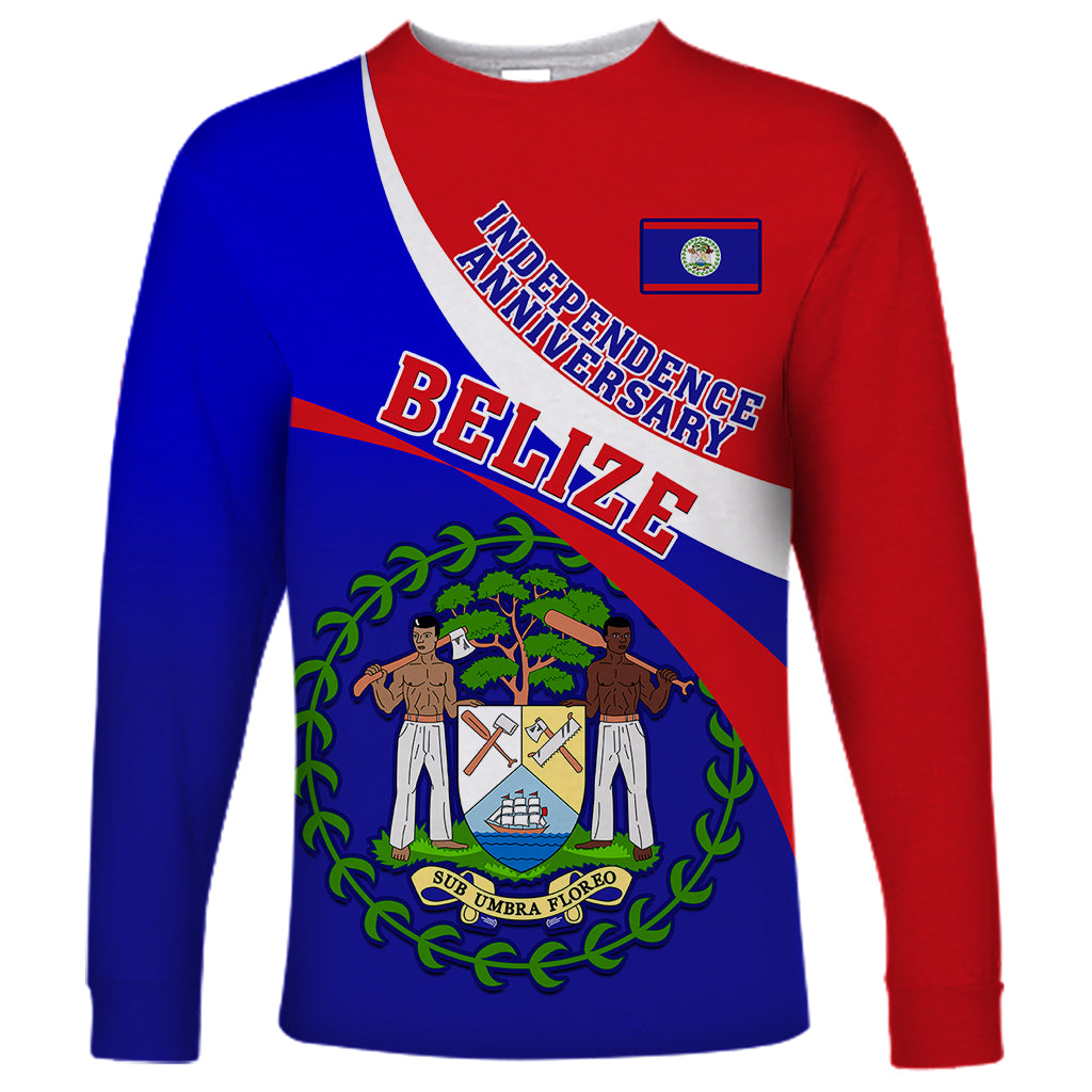 Personalised Belize Independence Day Long Sleeve Shirt Coat Of Arms Curve Style - Wonder Print Shop