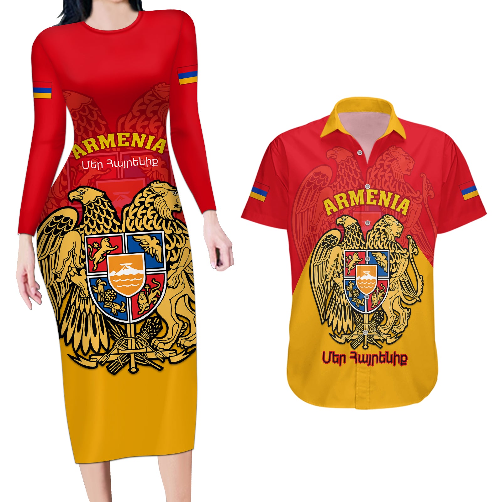 Armenia Independence Day Couples Matching Long Sleeve Bodycon Dress and Hawaiian Shirt Armenian Coat Of Arms 32st Anniversary - Wonder Print Shop