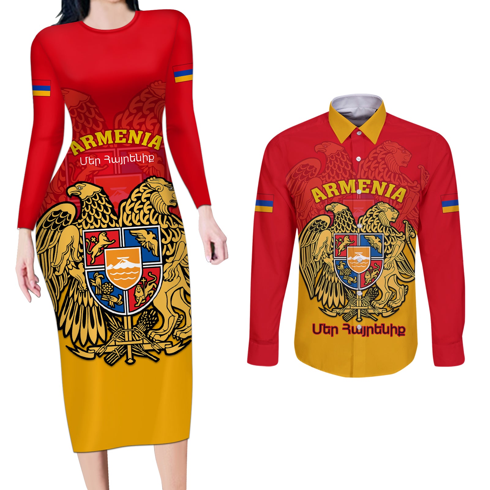 Armenia Independence Day Couples Matching Long Sleeve Bodycon Dress and Long Sleeve Button Shirts Armenian Coat Of Arms 32st Anniversary - Wonder Print Shop