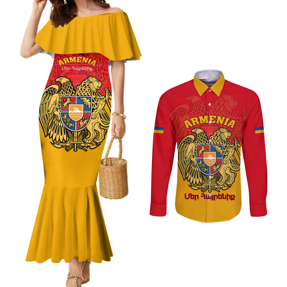 armenia-independence-day-couples-matching-mermaid-dress-and-long-sleeve-button-shirts-armenian-coat-of-arms-32st-anniversary