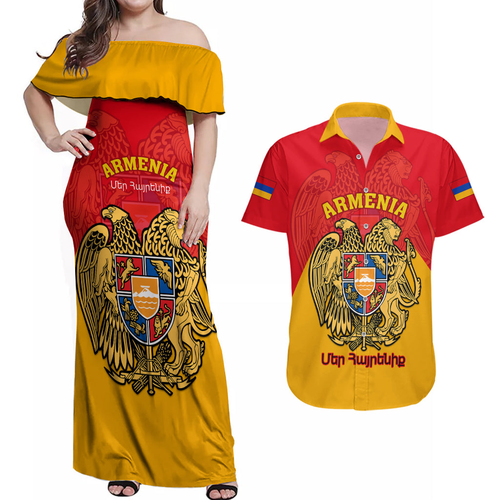 Armenia Independence Day Couples Matching Off Shoulder Maxi Dress and Hawaiian Shirt Armenian Coat Of Arms 32st Anniversary - Wonder Print Shop