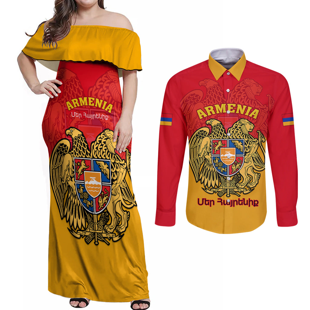 Armenia Independence Day Couples Matching Off Shoulder Maxi Dress and Long Sleeve Button Shirts Armenian Coat Of Arms 32st Anniversary - Wonder Print Shop