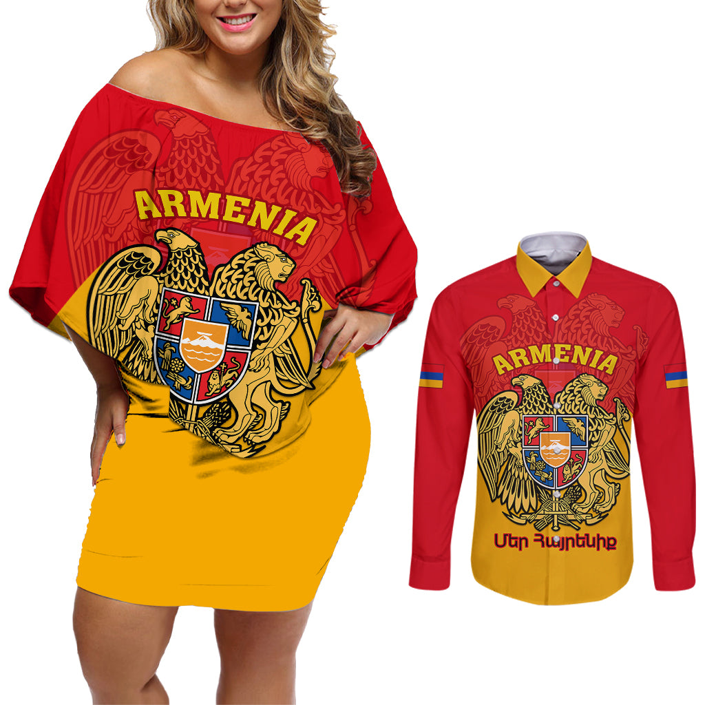 Armenia Independence Day Couples Matching Off Shoulder Short Dress and Long Sleeve Button Shirts Armenian Coat Of Arms 32st Anniversary - Wonder Print Shop