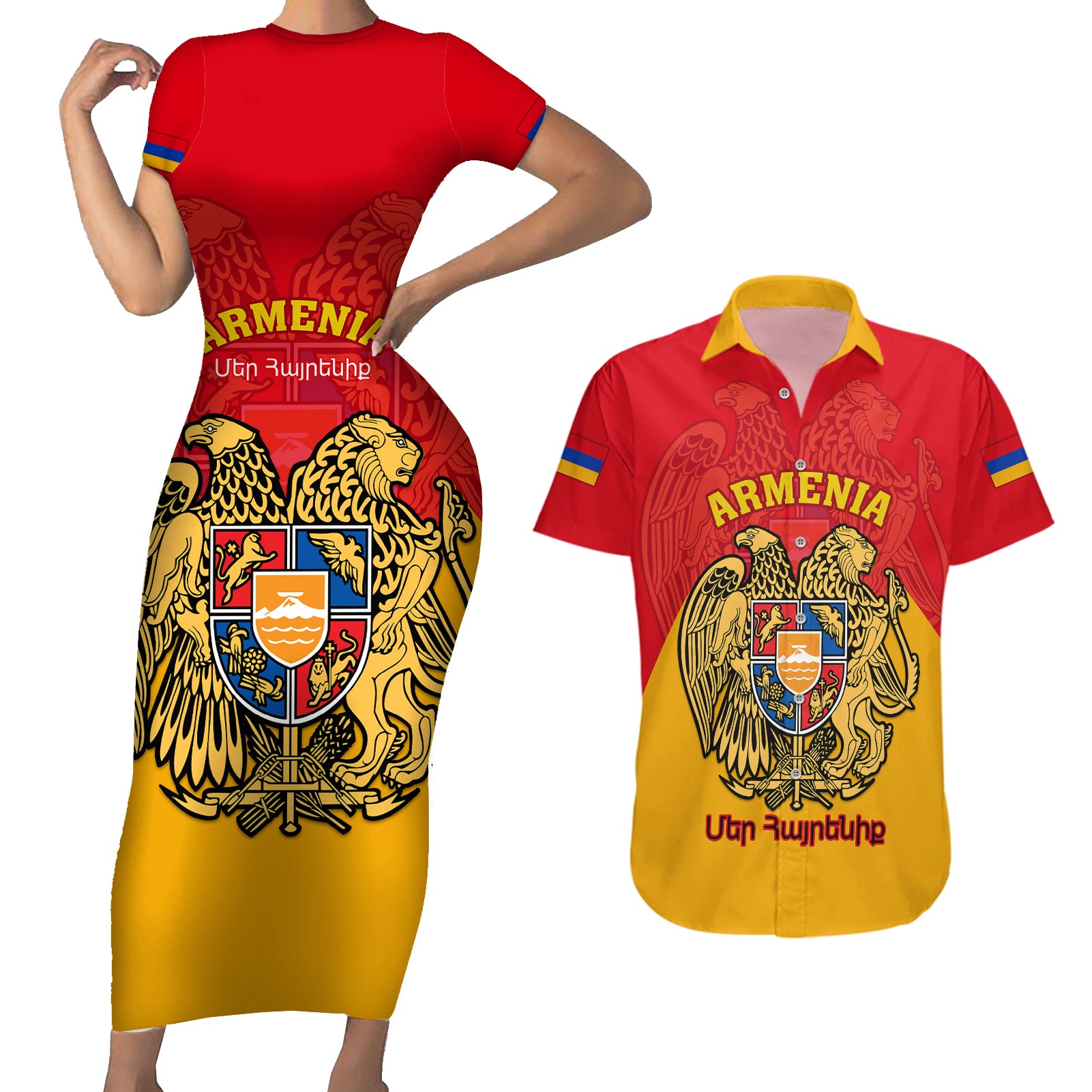 Armenia Independence Day Couples Matching Short Sleeve Bodycon Dress and Hawaiian Shirt Armenian Coat Of Arms 32st Anniversary - Wonder Print Shop