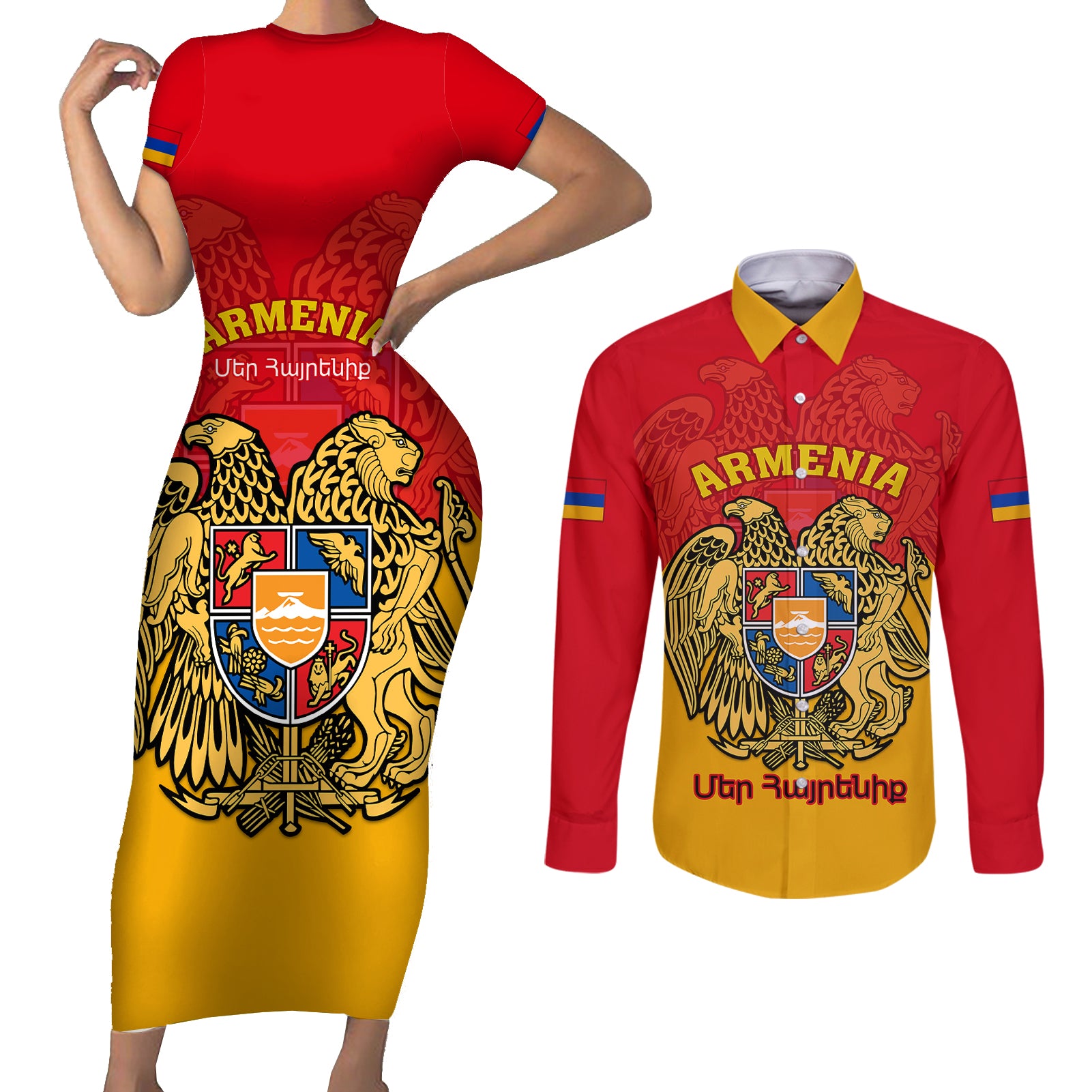 Armenia Independence Day Couples Matching Short Sleeve Bodycon Dress and Long Sleeve Button Shirts Armenian Coat Of Arms 32st Anniversary - Wonder Print Shop