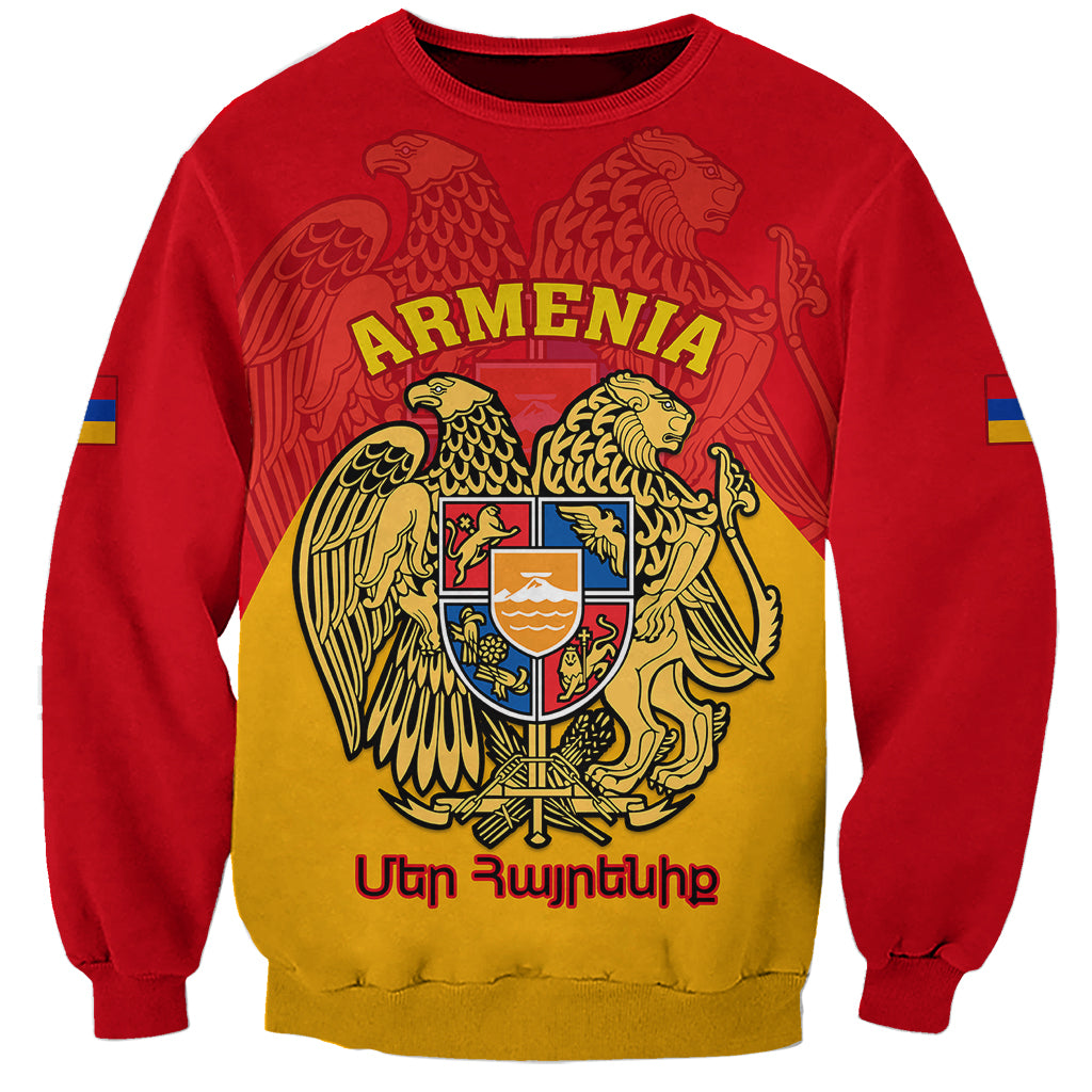 Red sweatshirt with large Armenia crest graphic and multicolor emblem on front