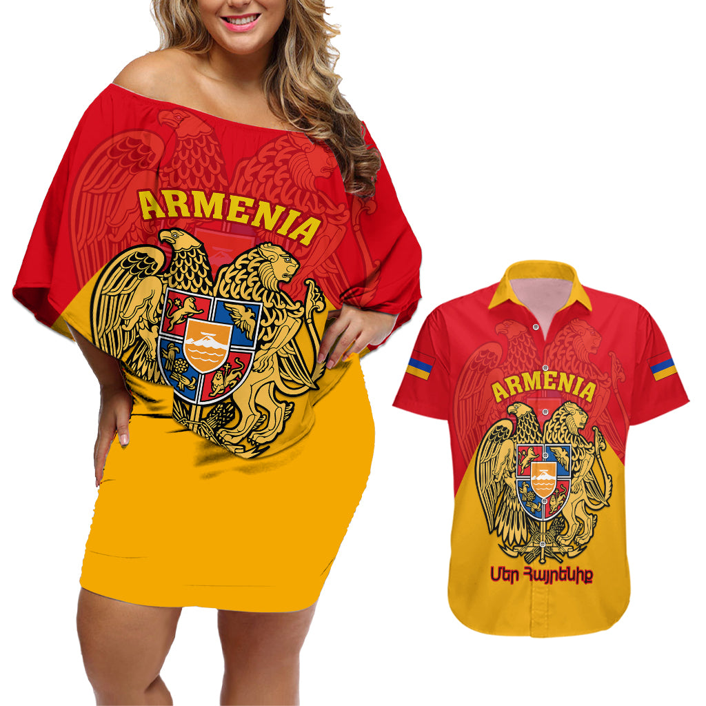 Personalised Armenia Independence Day Couples Matching Off Shoulder Short Dress and Hawaiian Shirt Armenian Coat Of Arms 32st Anniversary - Wonder Print Shop