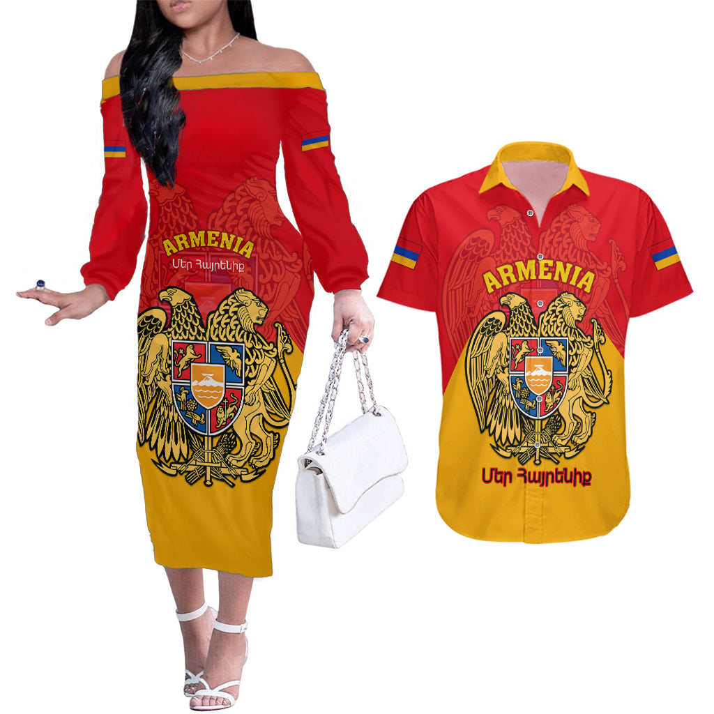 Personalised Armenia Independence Day Couples Matching Off The Shoulder Long Sleeve Dress and Hawaiian Shirt Armenian Coat Of Arms 32st Anniversary - Wonder Print Shop