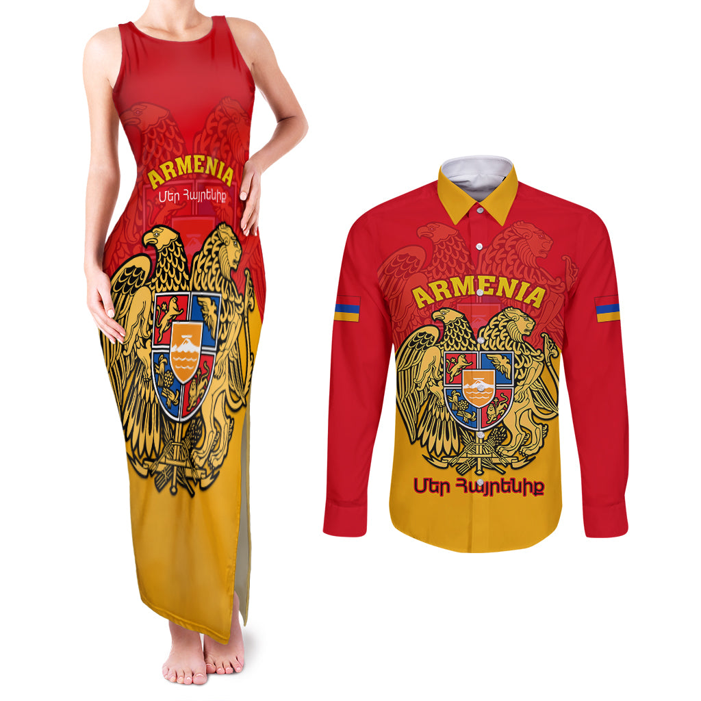 Personalised Armenia Independence Day Couples Matching Tank Maxi Dress and Long Sleeve Button Shirts Armenian Coat Of Arms 32st Anniversary - Wonder Print Shop