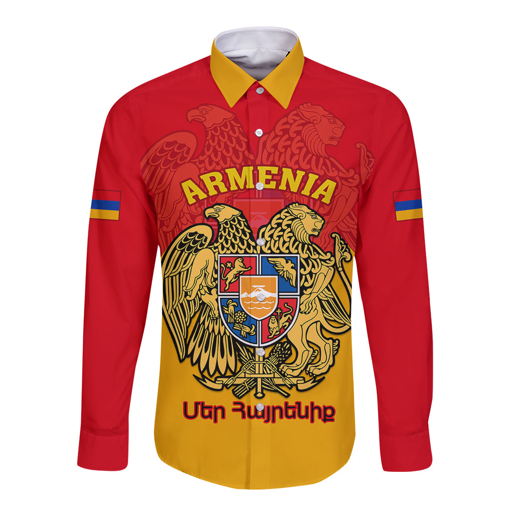 Red and yellow long-sleeve button shirt with Armenia coat of arms front