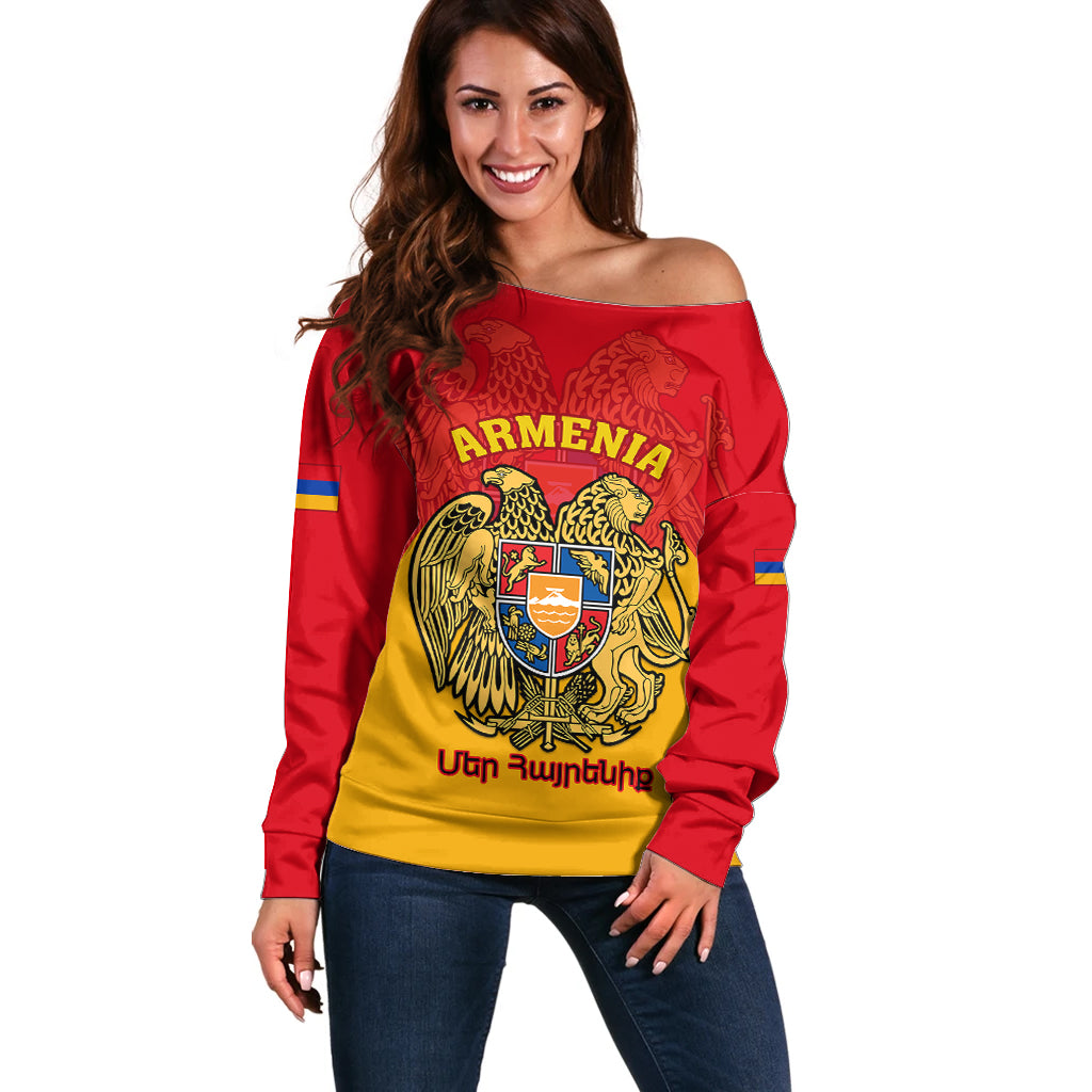 Personalised Armenia Independence Day Off Shoulder Sweater Armenian Coat Of Arms 32st Anniversary - Wonder Print Shop