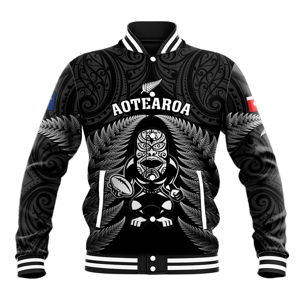 New Zealand Aotearoa Rugby Baseball Jacket NZ Tiki With Maori Fern World Cup Black Version - Wonder Print Shop