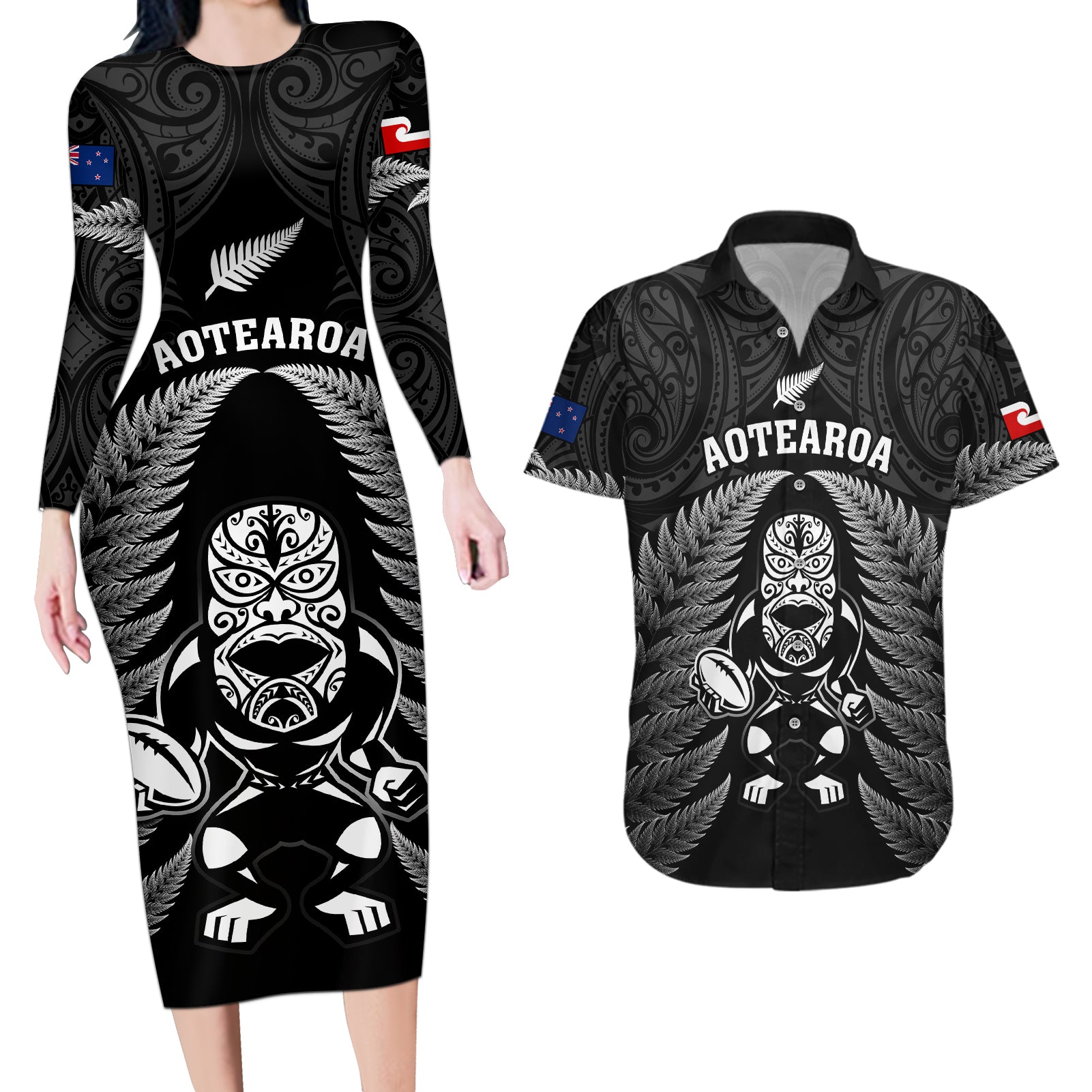 New Zealand Aotearoa Rugby Couples Matching Long Sleeve Bodycon Dress and Hawaiian Shirt NZ Tiki With Maori Fern World Cup Black Version - Wonder Print Shop