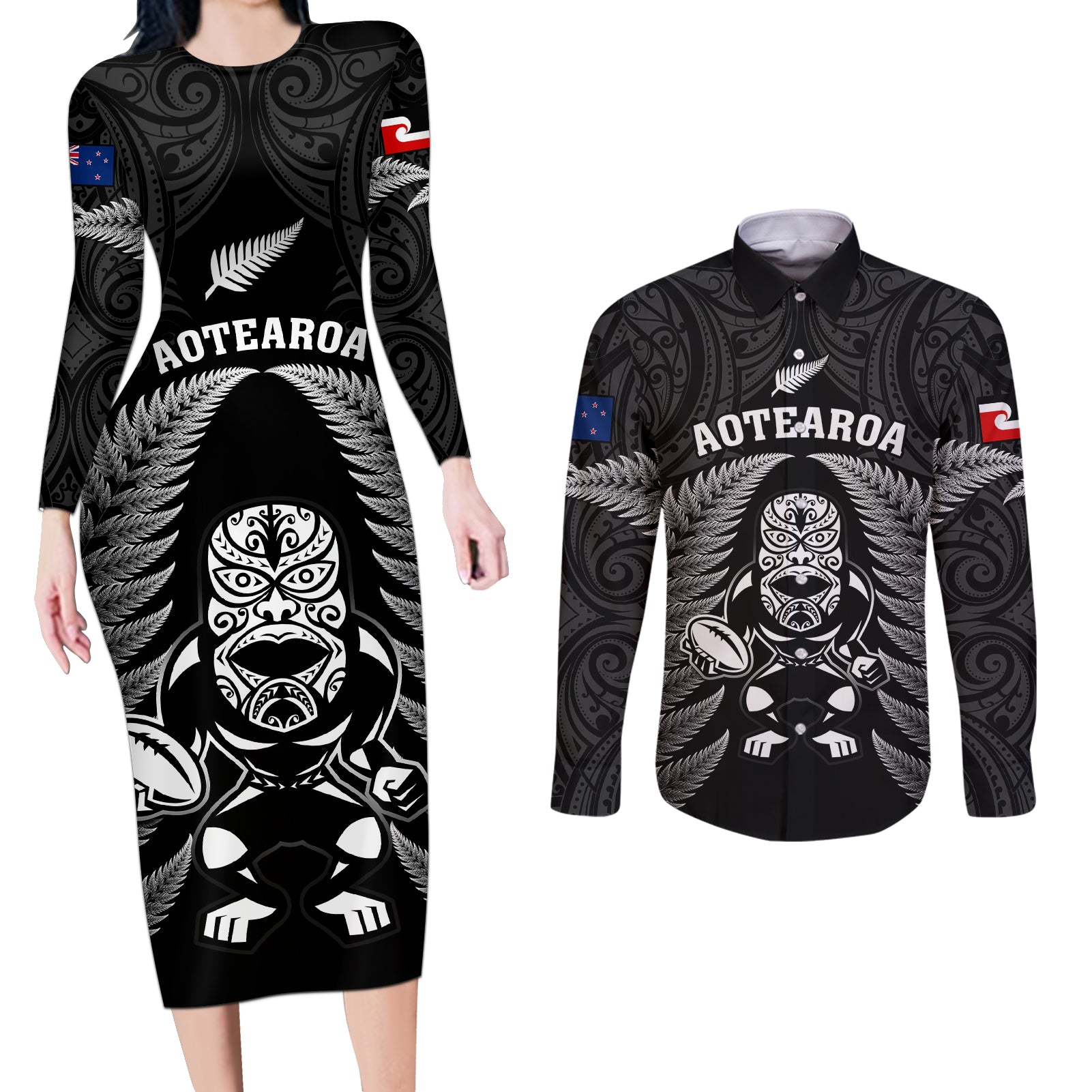 New Zealand Aotearoa Rugby Couples Matching Long Sleeve Bodycon Dress and Long Sleeve Button Shirts NZ Tiki With Maori Fern World Cup Black Version - Wonder Print Shop