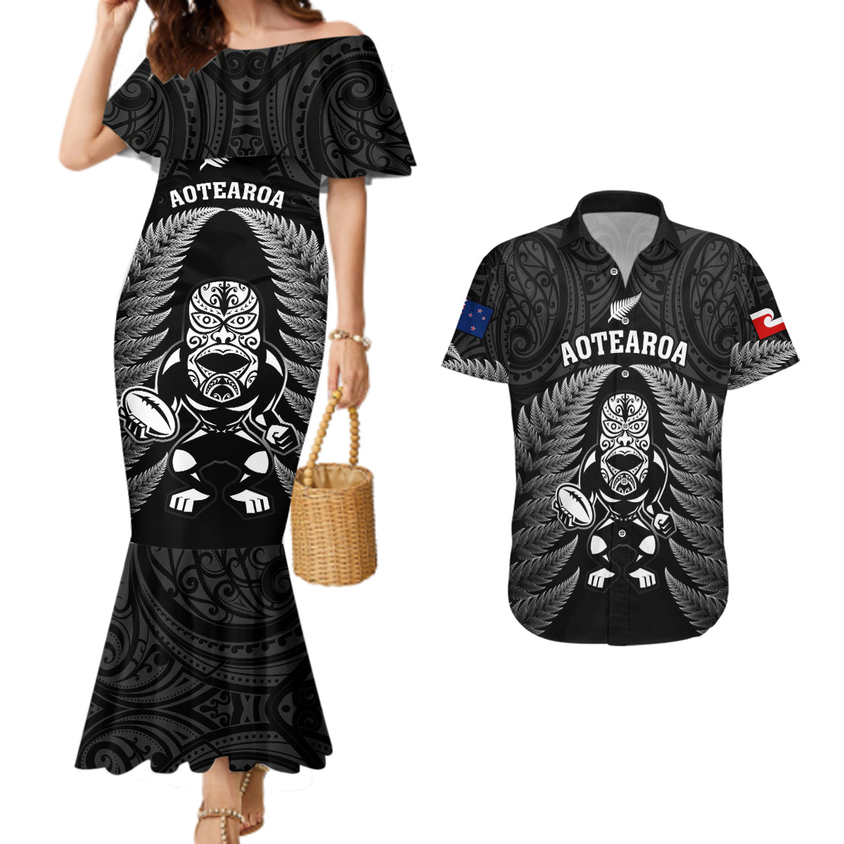 New Zealand Aotearoa Rugby Couples Matching Mermaid Dress and Hawaiian Shirt NZ Tiki With Maori Fern World Cup Black Version - Wonder Print Shop