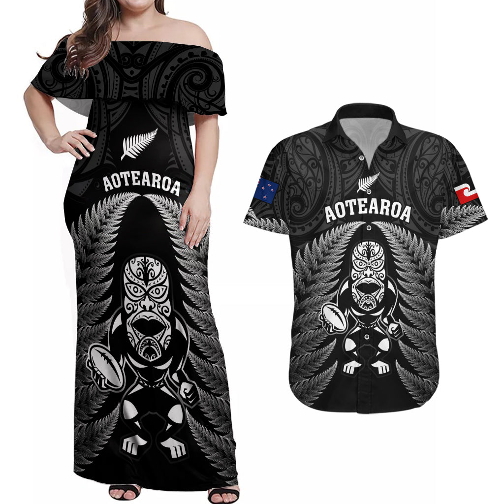 New Zealand Aotearoa Rugby Couples Matching Off Shoulder Maxi Dress and Hawaiian Shirt NZ Tiki With Maori Fern World Cup Black Version - Wonder Print Shop