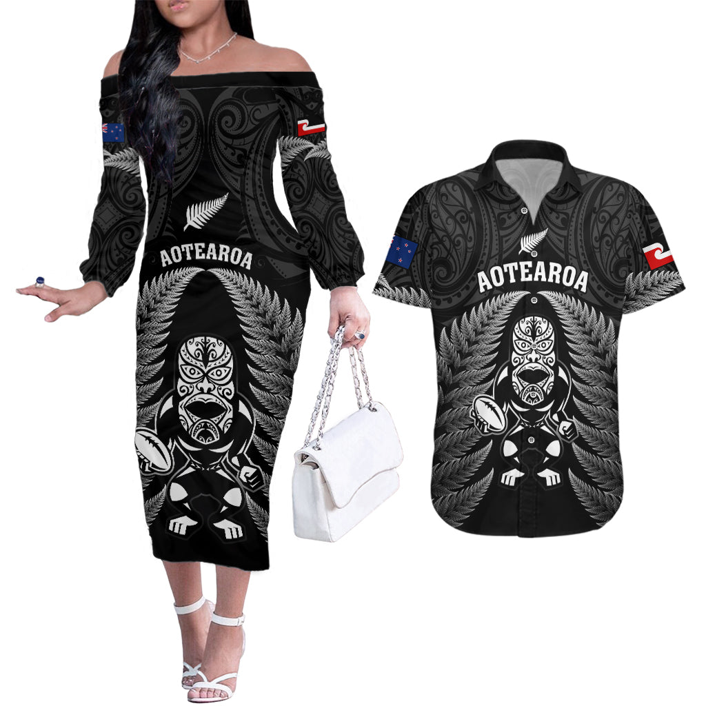 New Zealand Aotearoa Rugby Couples Matching Off The Shoulder Long Sleeve Dress and Hawaiian Shirt NZ Tiki With Maori Fern World Cup Black Version - Wonder Print Shop