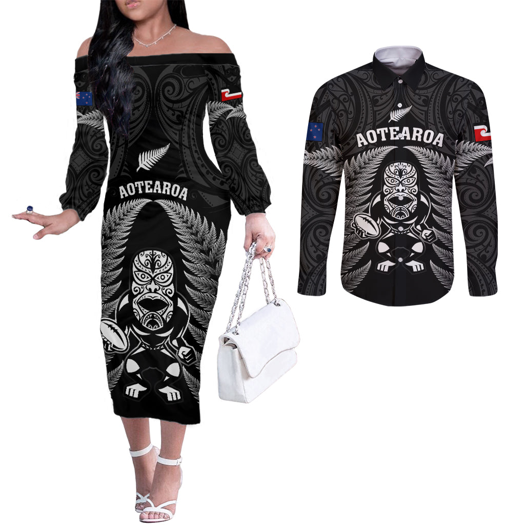 new-zealand-aotearoa-rugby-couples-matching-off-the-shoulder-long-sleeve-dress-and-long-sleeve-button-shirts-nz-tiki-with-maori-fern-world-cup-black-version