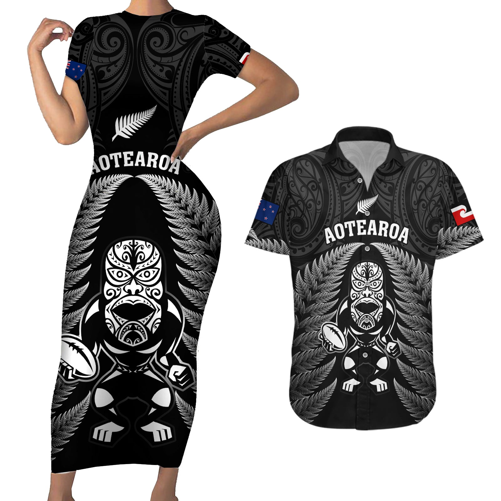 New Zealand Aotearoa Rugby Couples Matching Short Sleeve Bodycon Dress and Hawaiian Shirt NZ Tiki With Maori Fern World Cup Black Version - Wonder Print Shop