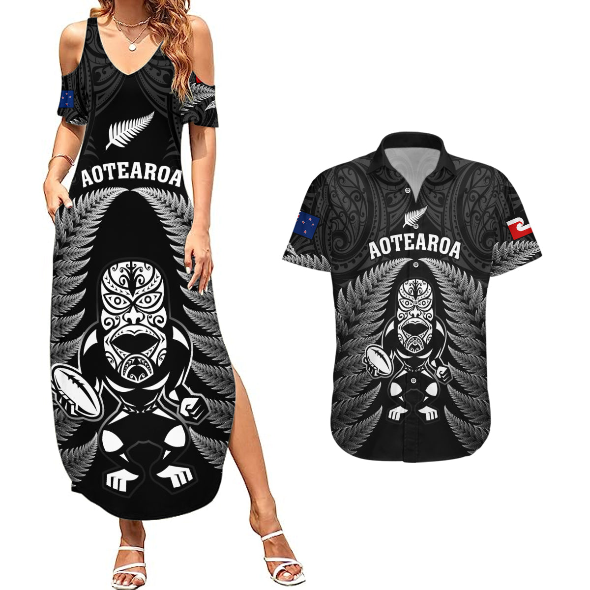 New Zealand Aotearoa Rugby Couples Matching Summer Maxi Dress and Hawaiian Shirt NZ Tiki With Maori Fern World Cup Black Version - Wonder Print Shop