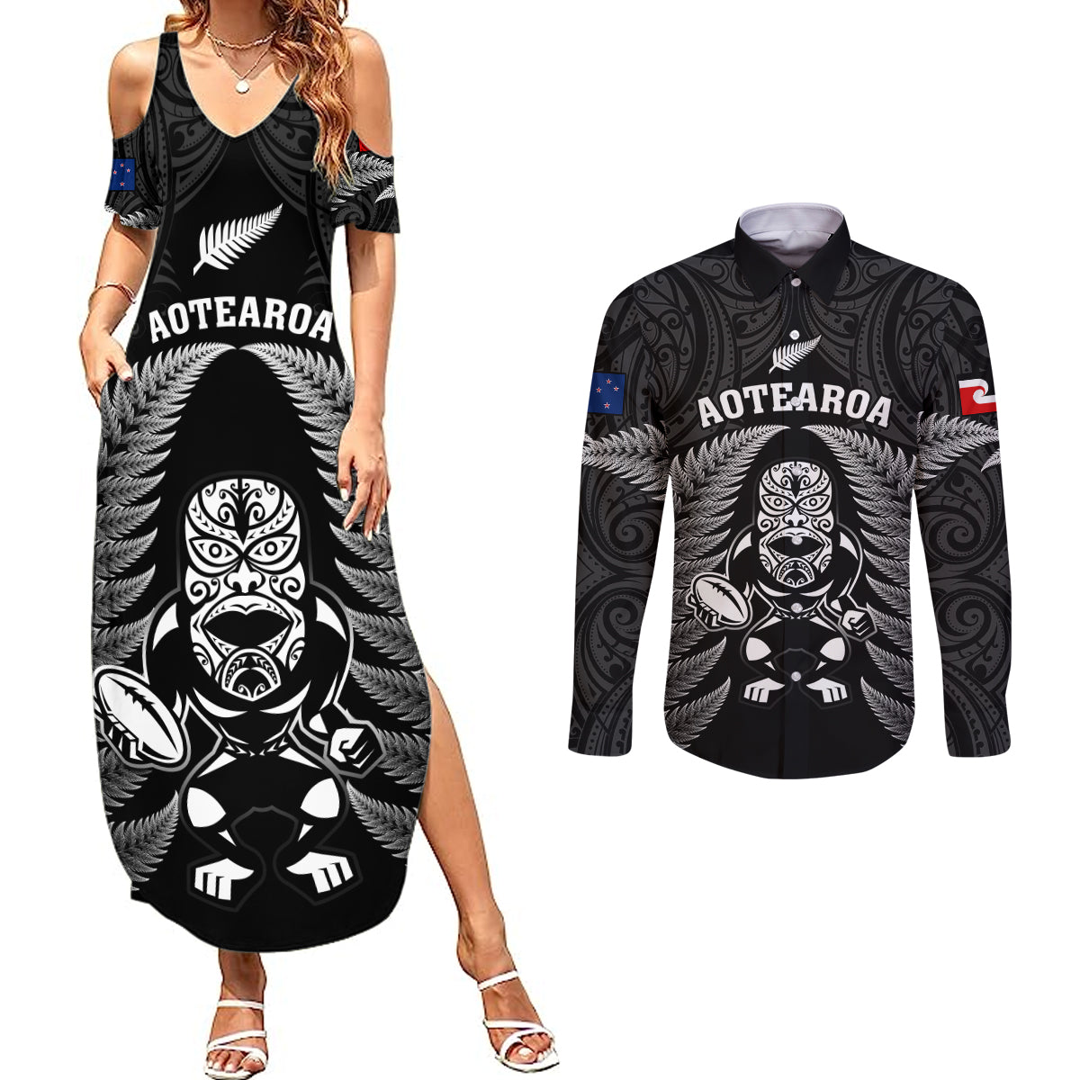 New Zealand Aotearoa Rugby Couples Matching Summer Maxi Dress and Long Sleeve Button Shirts NZ Tiki With Maori Fern World Cup Black Version - Wonder Print Shop