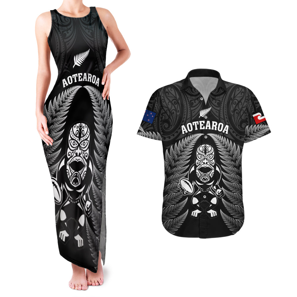 New Zealand Aotearoa Rugby Couples Matching Tank Maxi Dress and Hawaiian Shirt NZ Tiki With Maori Fern World Cup Black Version - Wonder Print Shop