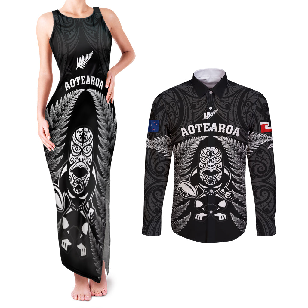 New Zealand Aotearoa Rugby Couples Matching Tank Maxi Dress and Long Sleeve Button Shirts NZ Tiki With Maori Fern World Cup Black Version - Wonder Print Shop