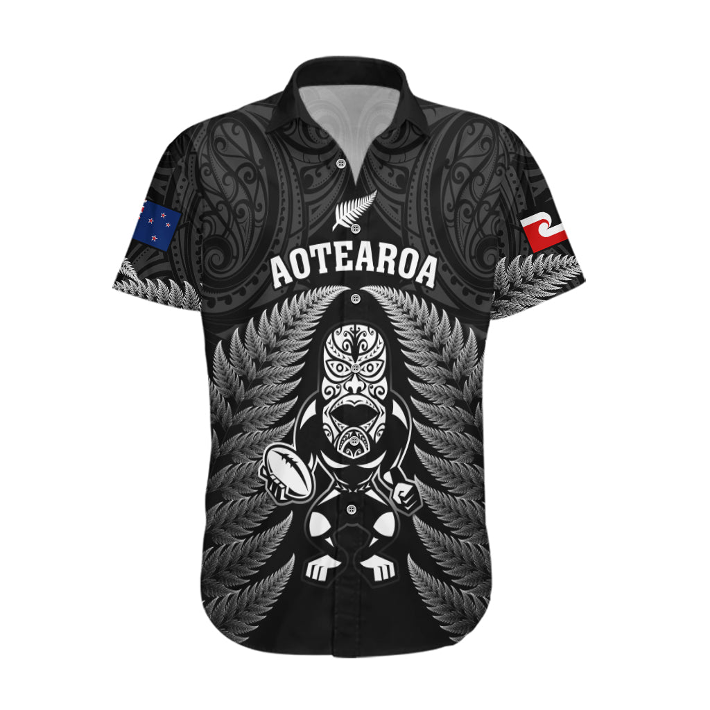 New Zealand Aotearoa Rugby Hawaiian Shirt NZ Tiki With Maori Fern World Cup Black Version - Wonder Print Shop