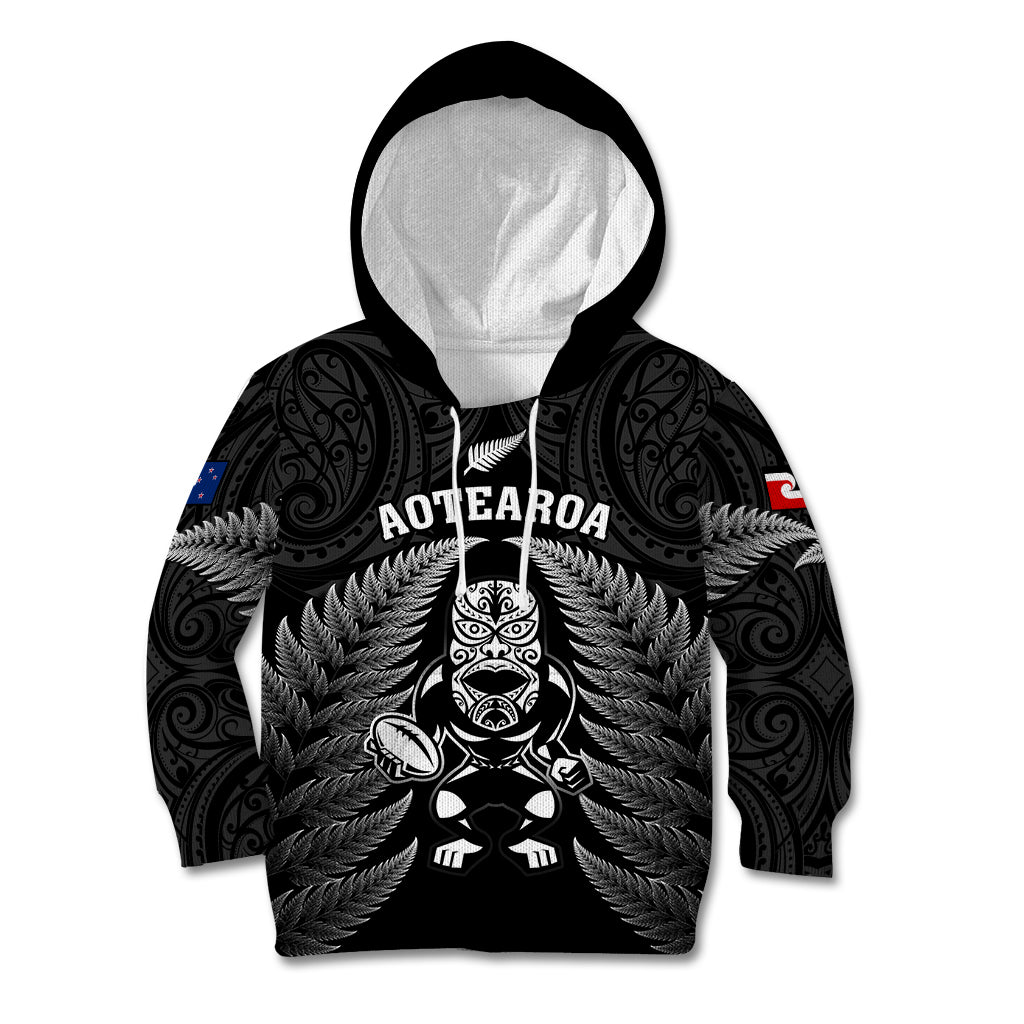 New Zealand Aotearoa Rugby Kid Hoodie NZ Tiki With Maori Fern World Cup Black Version - Wonder Print Shop