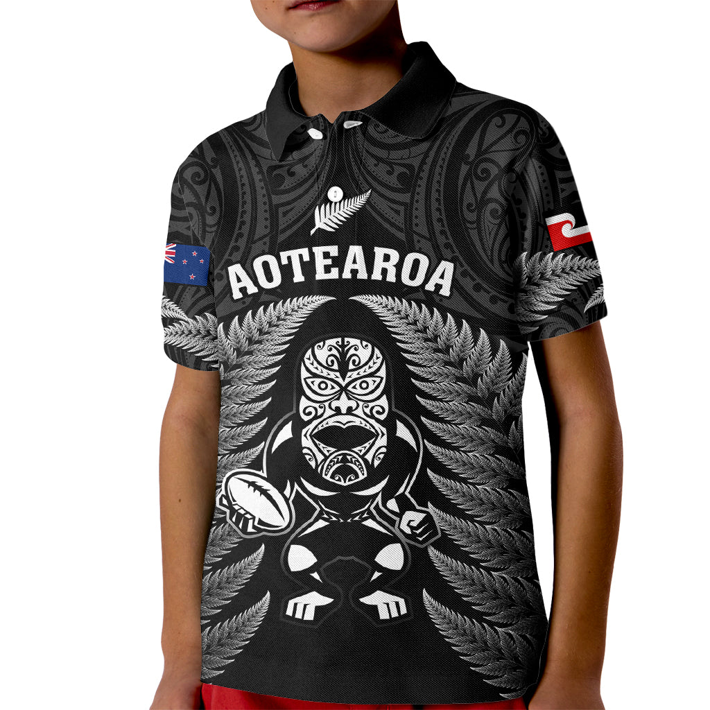 New Zealand Aotearoa Rugby Kid Polo Shirt NZ Tiki With Maori Fern World Cup Black Version - Wonder Print Shop