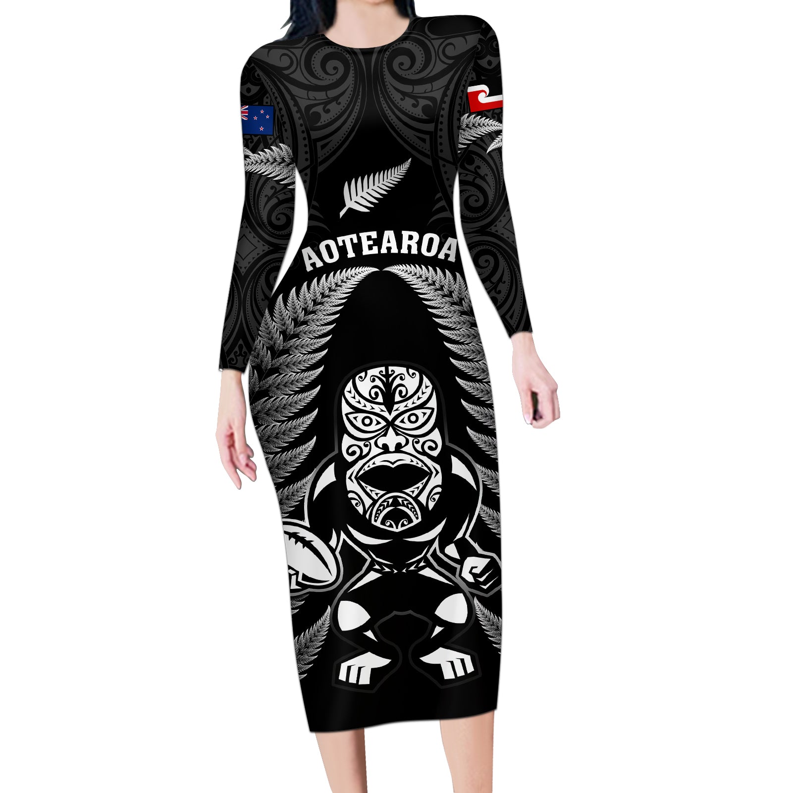 New Zealand Aotearoa Rugby Long Sleeve Bodycon Dress NZ Tiki With Maori Fern World Cup Black Version - Wonder Print Shop