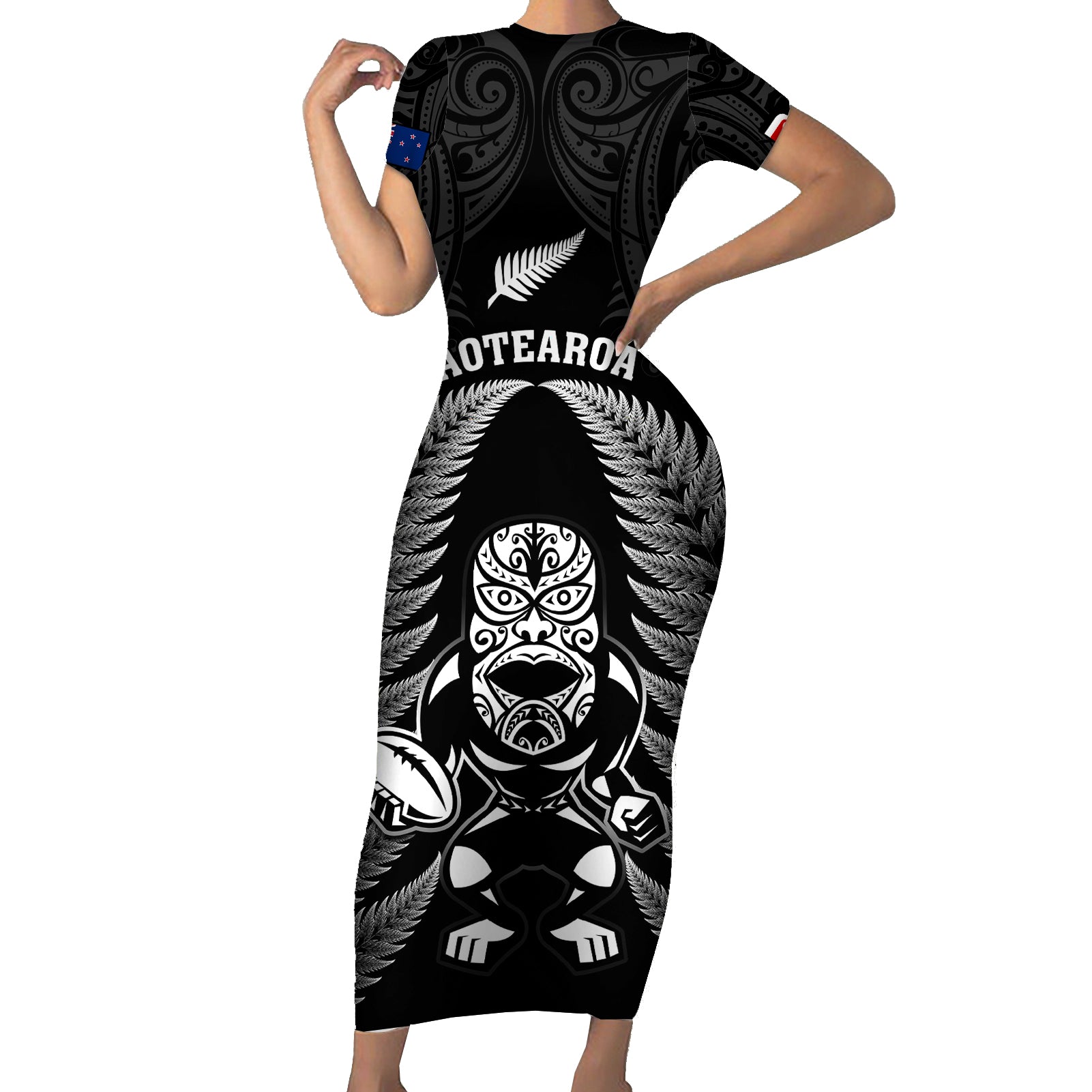 New Zealand Aotearoa Rugby Short Sleeve Bodycon Dress NZ Tiki With Maori Fern World Cup Black Version - Wonder Print Shop