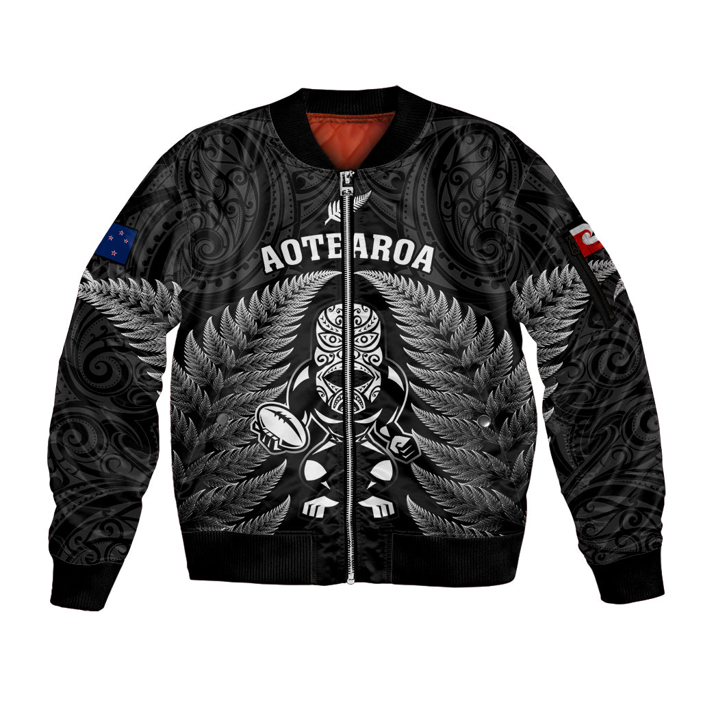 New Zealand Aotearoa Rugby Sleeve Zip Bomber Jacket NZ Tiki With Maori Fern World Cup Black Version - Wonder Print Shop