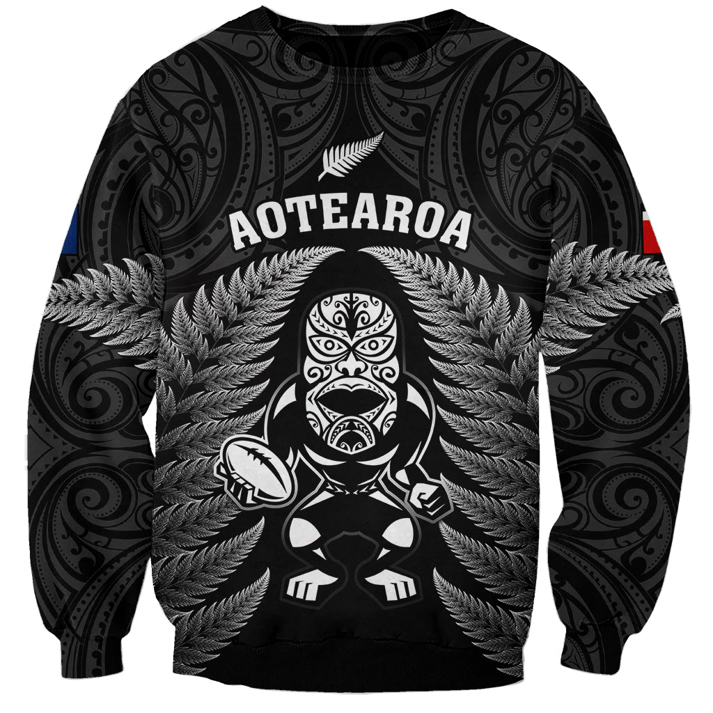 New Zealand Aotearoa Rugby Sweatshirt NZ Tiki With Maori Fern World Cup Black Version - Wonder Print Shop