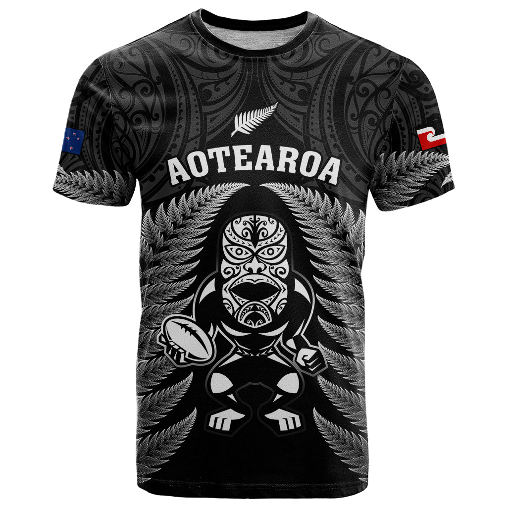 New Zealand Aotearoa Rugby T Shirt NZ Tiki With Maori Fern World Cup Black Version - Wonder Print Shop