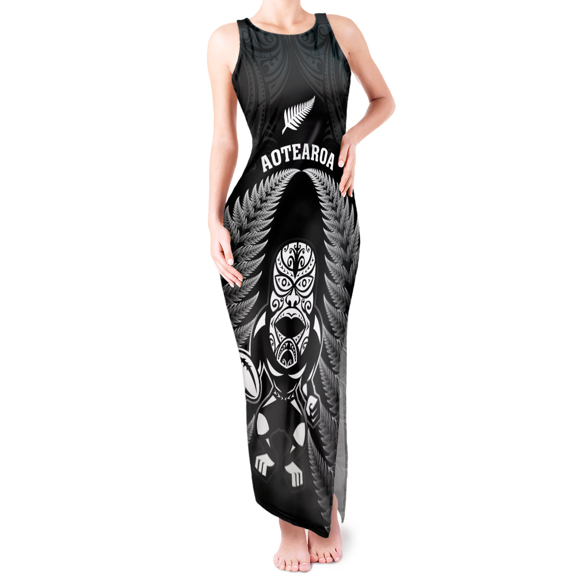 New Zealand Aotearoa Rugby Tank Maxi Dress NZ Tiki With Maori Fern World Cup Black Version - Wonder Print Shop