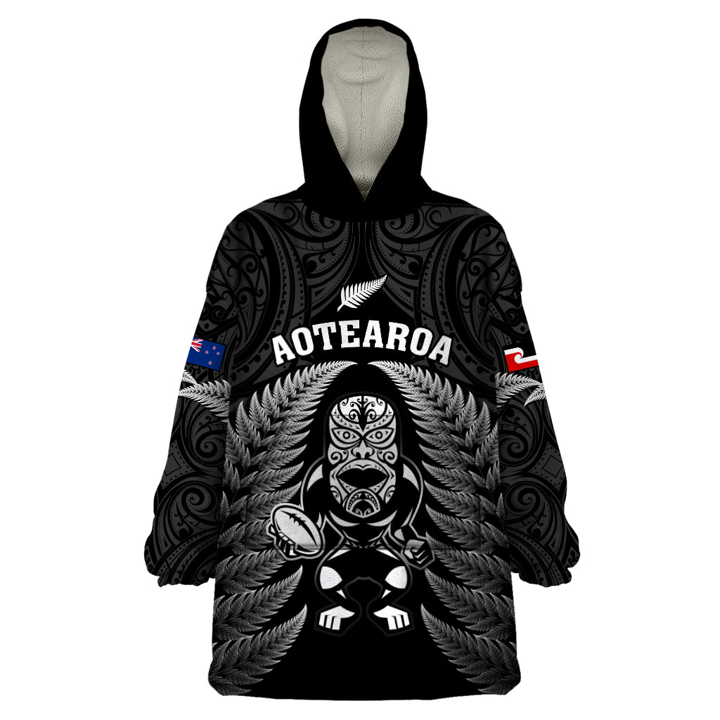 New Zealand Aotearoa Rugby Wearable Blanket Hoodie NZ Tiki With Maori Fern World Cup Black Version - Wonder Print Shop