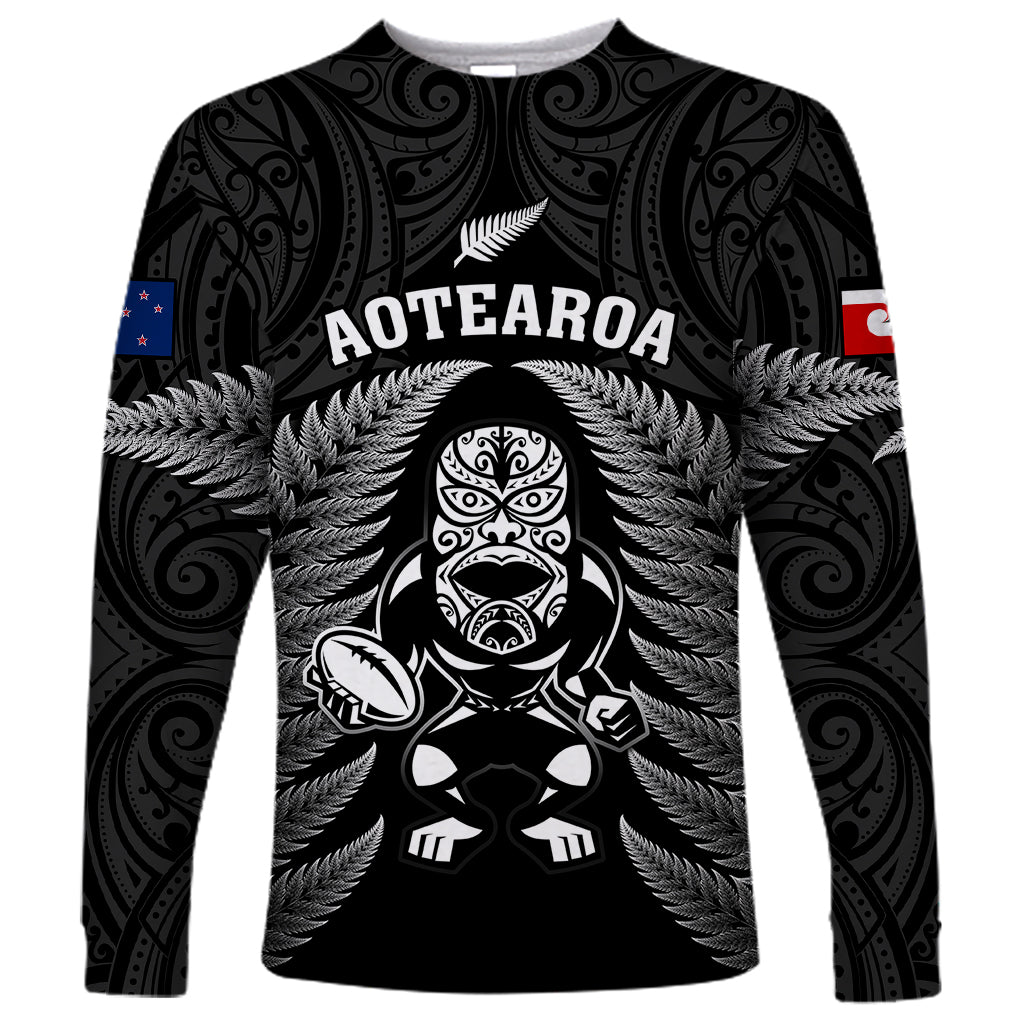 Custom New Zealand Aotearoa Rugby Long Sleeve Shirt NZ Tiki With Maori Fern World Cup Black Version - Wonder Print Shop