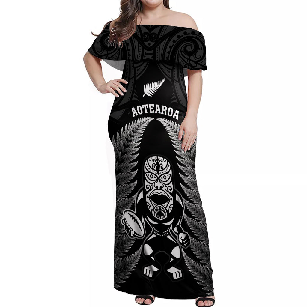 Custom New Zealand Aotearoa Rugby Off Shoulder Maxi Dress NZ Tiki With Maori Fern World Cup Black Version - Wonder Print Shop