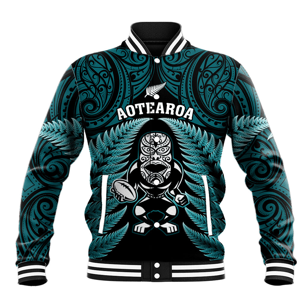 New Zealand Aotearoa Rugby Baseball Jacket NZ Tiki With Maori Fern World Cup Turquoise Version - Wonder Print Shop