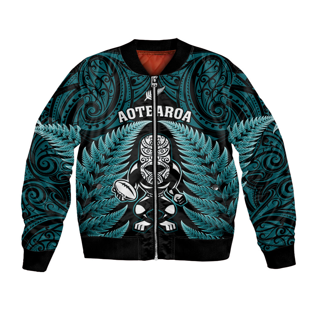 New Zealand Aotearoa Rugby Bomber Jacket NZ Tiki With Maori Fern World Cup Turquoise Version - Wonder Print Shop