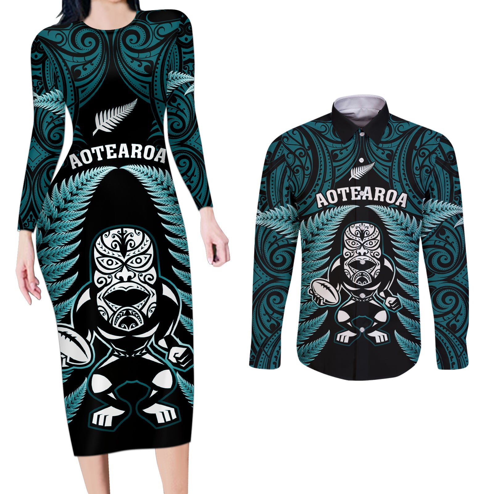 New Zealand Aotearoa Rugby Couples Matching Long Sleeve Bodycon Dress and Long Sleeve Button Shirts NZ Tiki With Maori Fern World Cup Turquoise Version - Wonder Print Shop