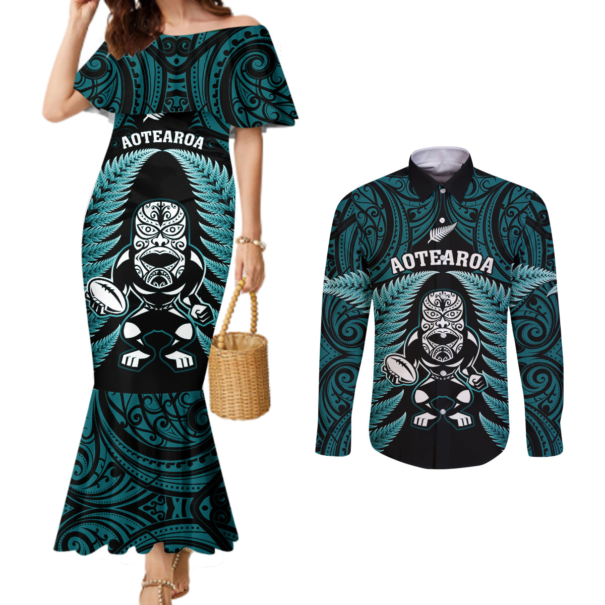 new-zealand-aotearoa-rugby-couples-matching-mermaid-dress-and-long-sleeve-button-shirts-nz-tiki-with-maori-fern-world-cup-turquoise-version