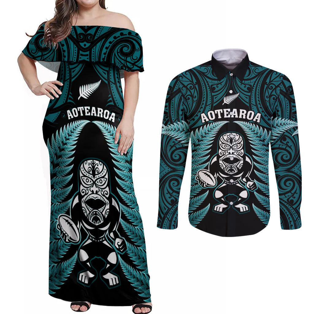 New Zealand Aotearoa Rugby Couples Matching Off Shoulder Maxi Dress and Long Sleeve Button Shirts NZ Tiki With Maori Fern World Cup Turquoise Version - Wonder Print Shop