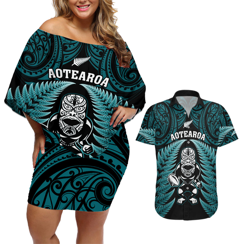 New Zealand Aotearoa Rugby Couples Matching Off Shoulder Short Dress and Hawaiian Shirt NZ Tiki With Maori Fern World Cup Turquoise Version - Wonder Print Shop