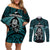 New Zealand Aotearoa Rugby Couples Matching Off Shoulder Short Dress and Long Sleeve Button Shirts NZ Tiki With Maori Fern World Cup Turquoise Version - Wonder Print Shop