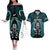 New Zealand Aotearoa Rugby Couples Matching Off The Shoulder Long Sleeve Dress and Hawaiian Shirt NZ Tiki With Maori Fern World Cup Turquoise Version - Wonder Print Shop