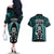 New Zealand Aotearoa Rugby Couples Matching Off The Shoulder Long Sleeve Dress and Hawaiian Shirt NZ Tiki With Maori Fern World Cup Turquoise Version - Wonder Print Shop