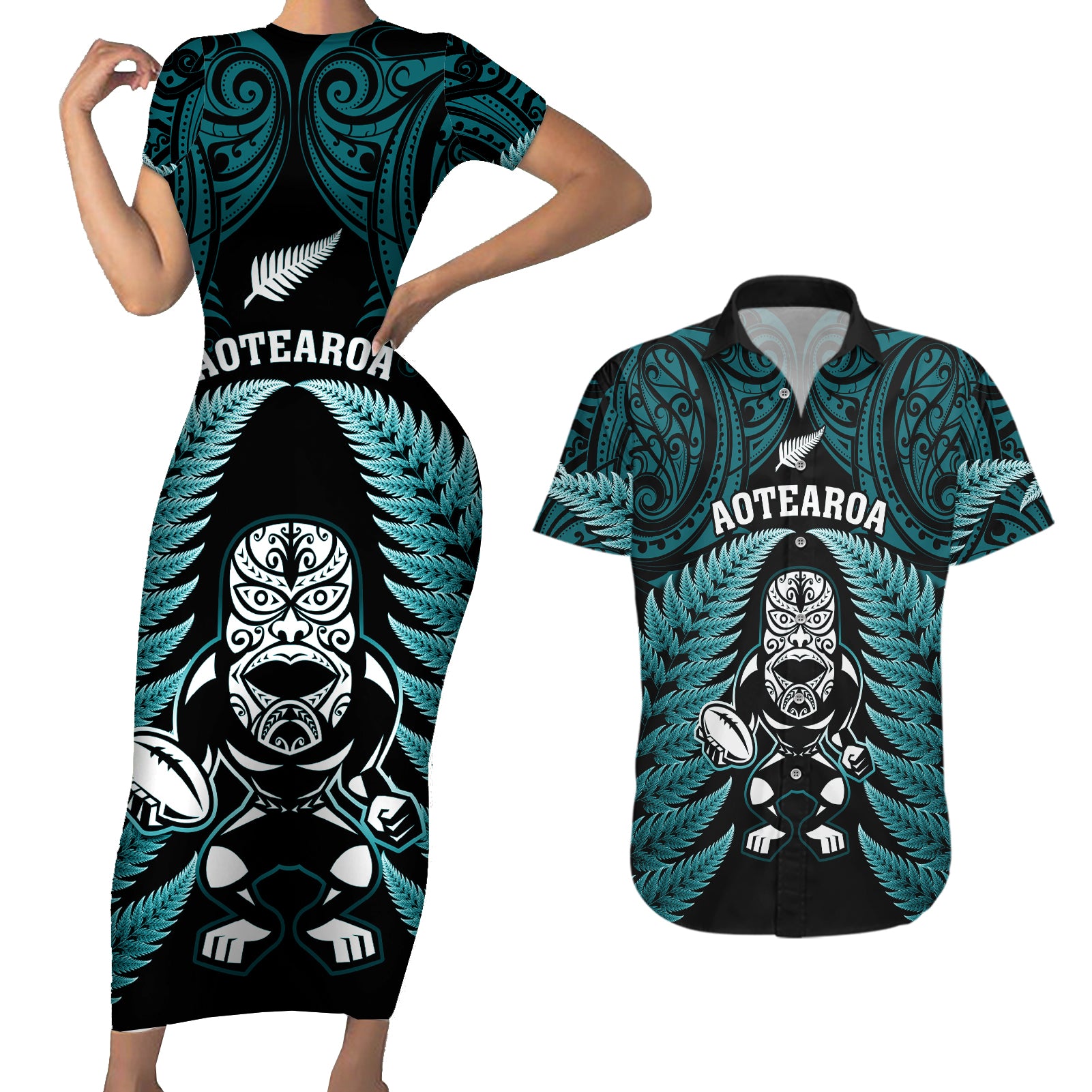 New Zealand Aotearoa Rugby Couples Matching Short Sleeve Bodycon Dress and Hawaiian Shirt NZ Tiki With Maori Fern World Cup Turquoise Version - Wonder Print Shop