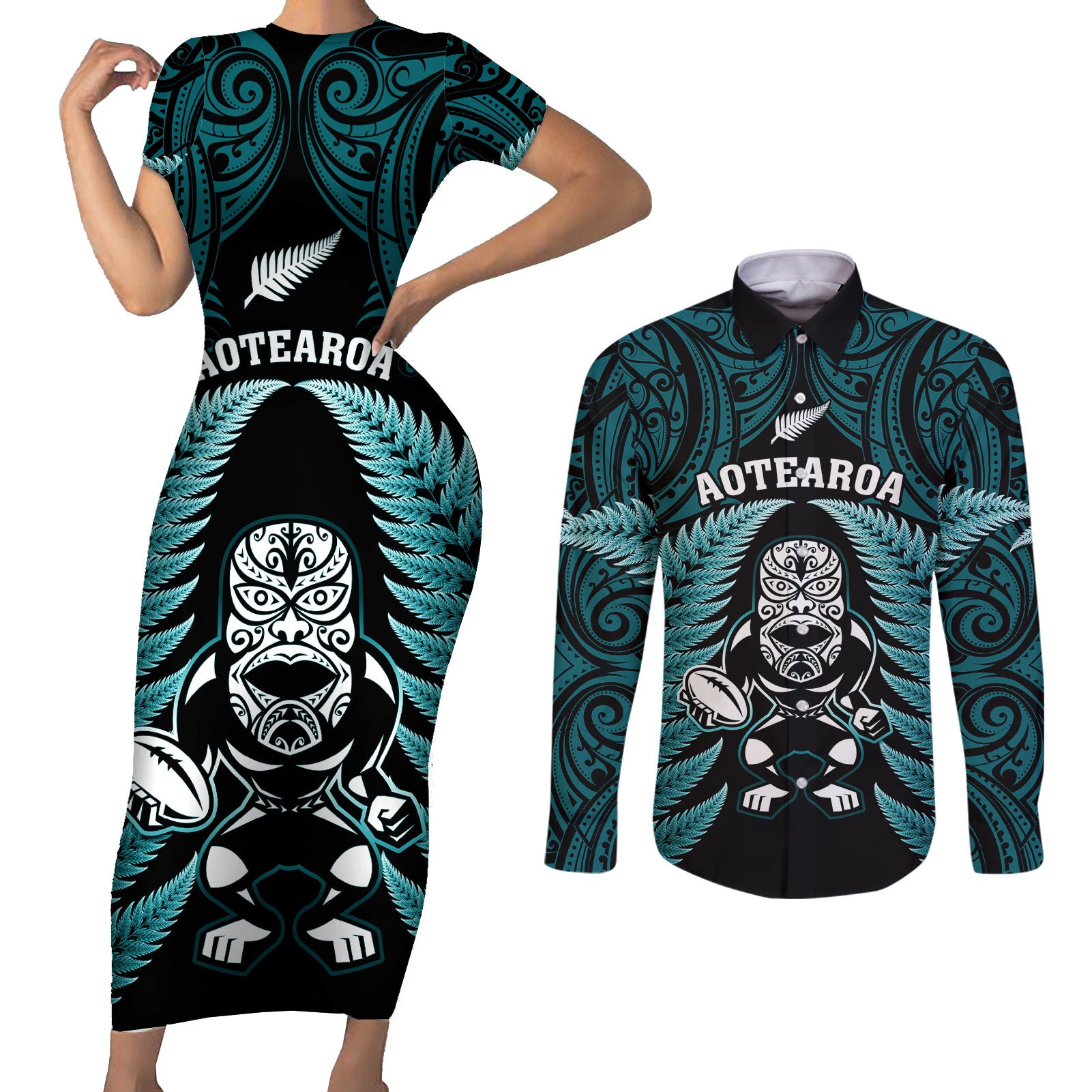 New Zealand Aotearoa Rugby Couples Matching Short Sleeve Bodycon Dress and Long Sleeve Button Shirts NZ Tiki With Maori Fern World Cup Turquoise Version - Wonder Print Shop